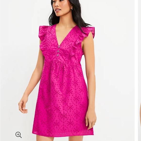 NWT LOFT Eyelet Button Ruffle Swing Dress - Picture 2 of 7